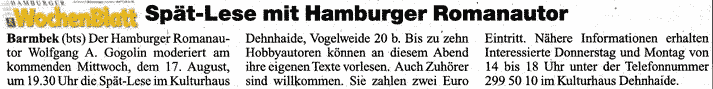 Das Hamburger Wochenblatt über die Spaet-Lese mit Wolfgang A. Gogolin im Kulturhaus Dehnhaide